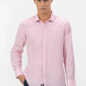 Camisa lino rosa con cuello italiano El pulpo