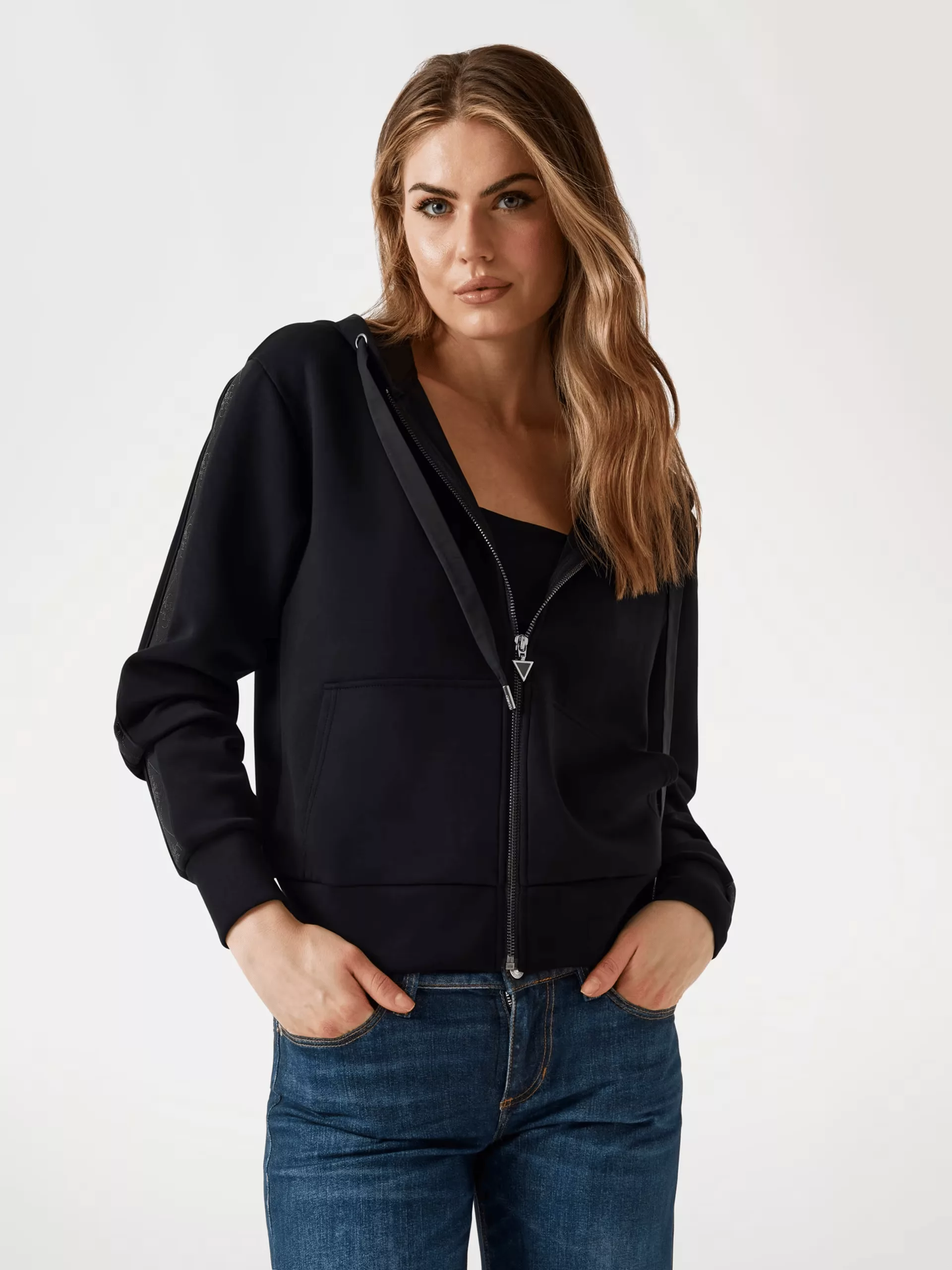 Sudadera Guess Mujer Negra con Capucha y Cremallera