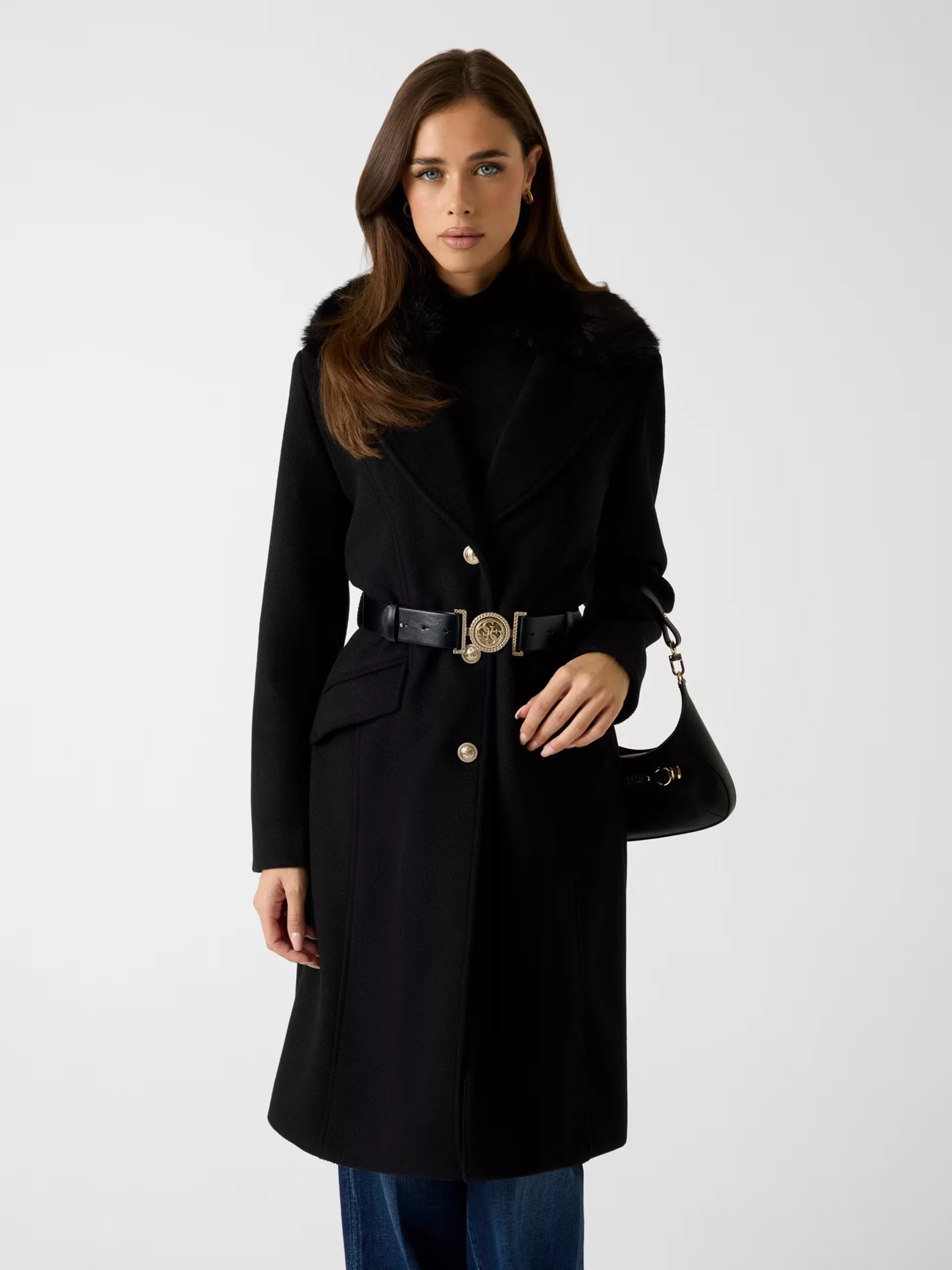 Gabardina Guess Patrice Negra con Cinturón Elegante