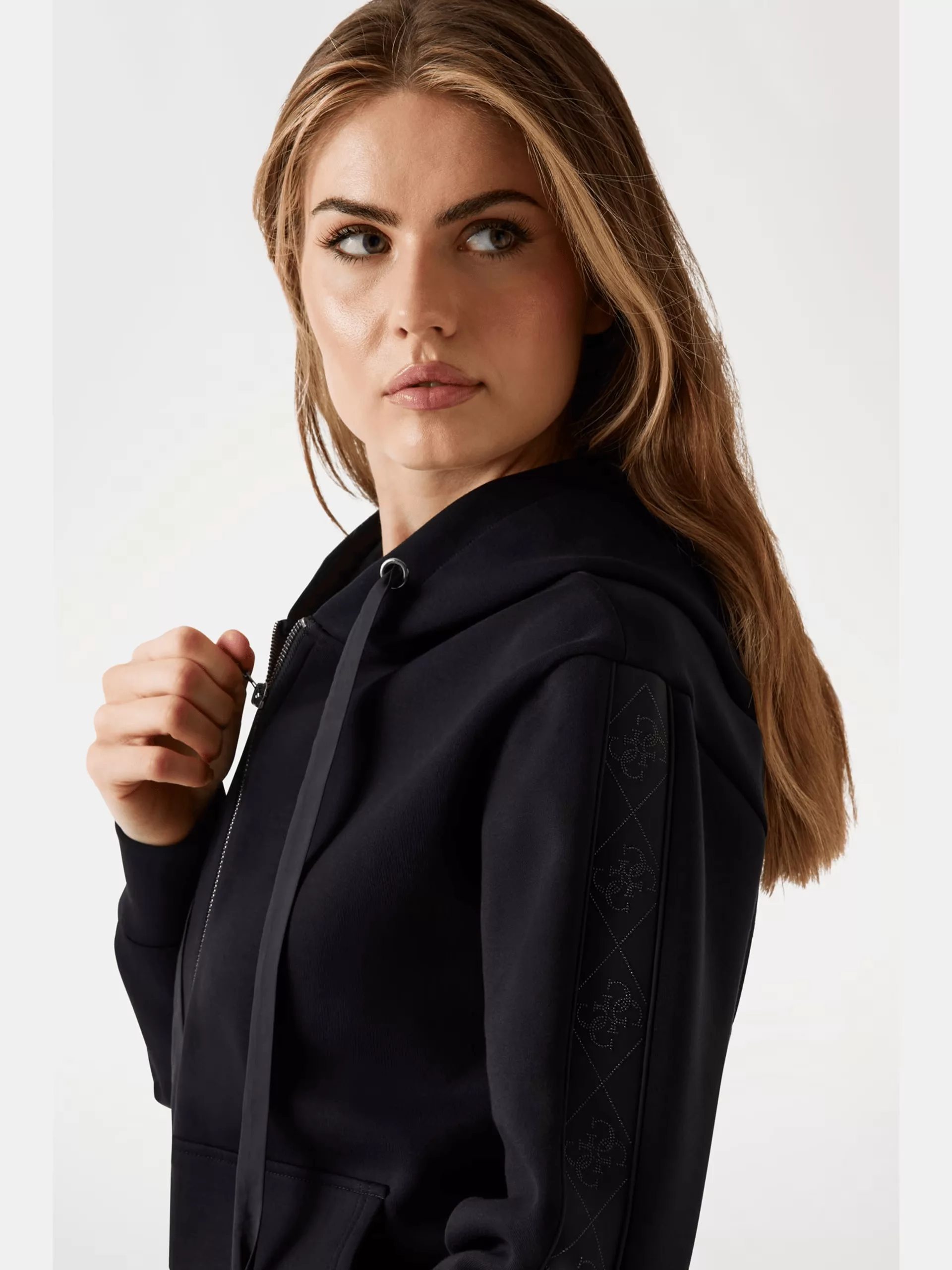 Sudadera Guess Mujer Negra con Capucha y Cremallera