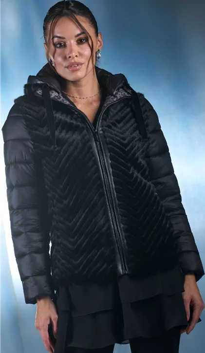 Abrigo VirginiaBlu Mujer Negro Brillante con Capucha Pelo