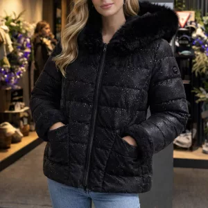 Abrigo VirginiaBlu Mujer Negro con Brillos y Capucha Pelo