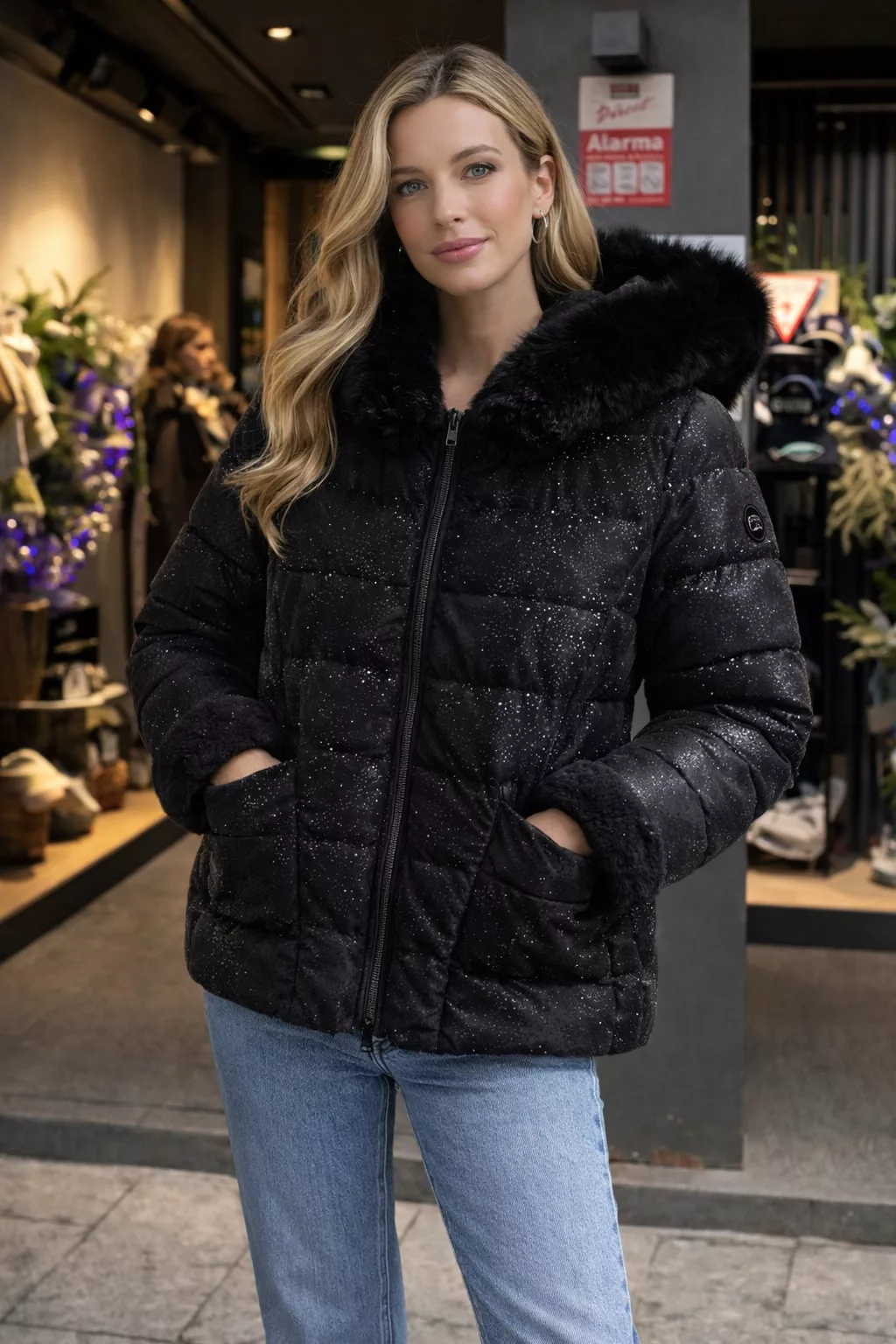Abrigo VirginiaBlu Mujer Negro con Brillos y Capucha Pelo