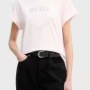Camiseta rosa claro con strass y logo GUESS