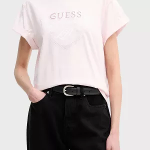 Camiseta rosa claro con strass y logo GUESS