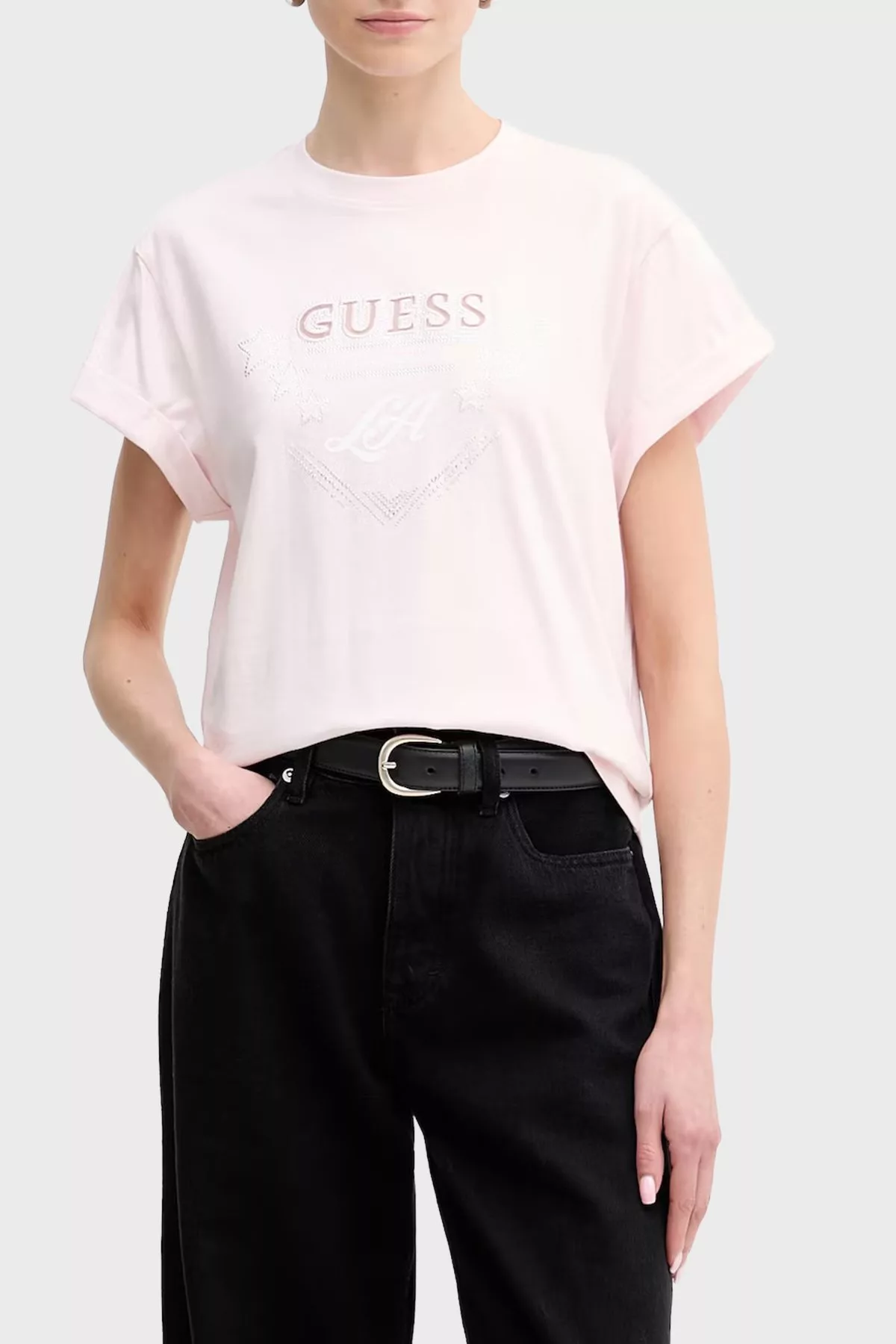 Camiseta rosa claro con strass y logo GUESS