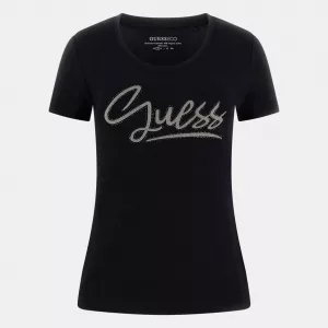 Camiseta negra GUESS con logo brillante frontal