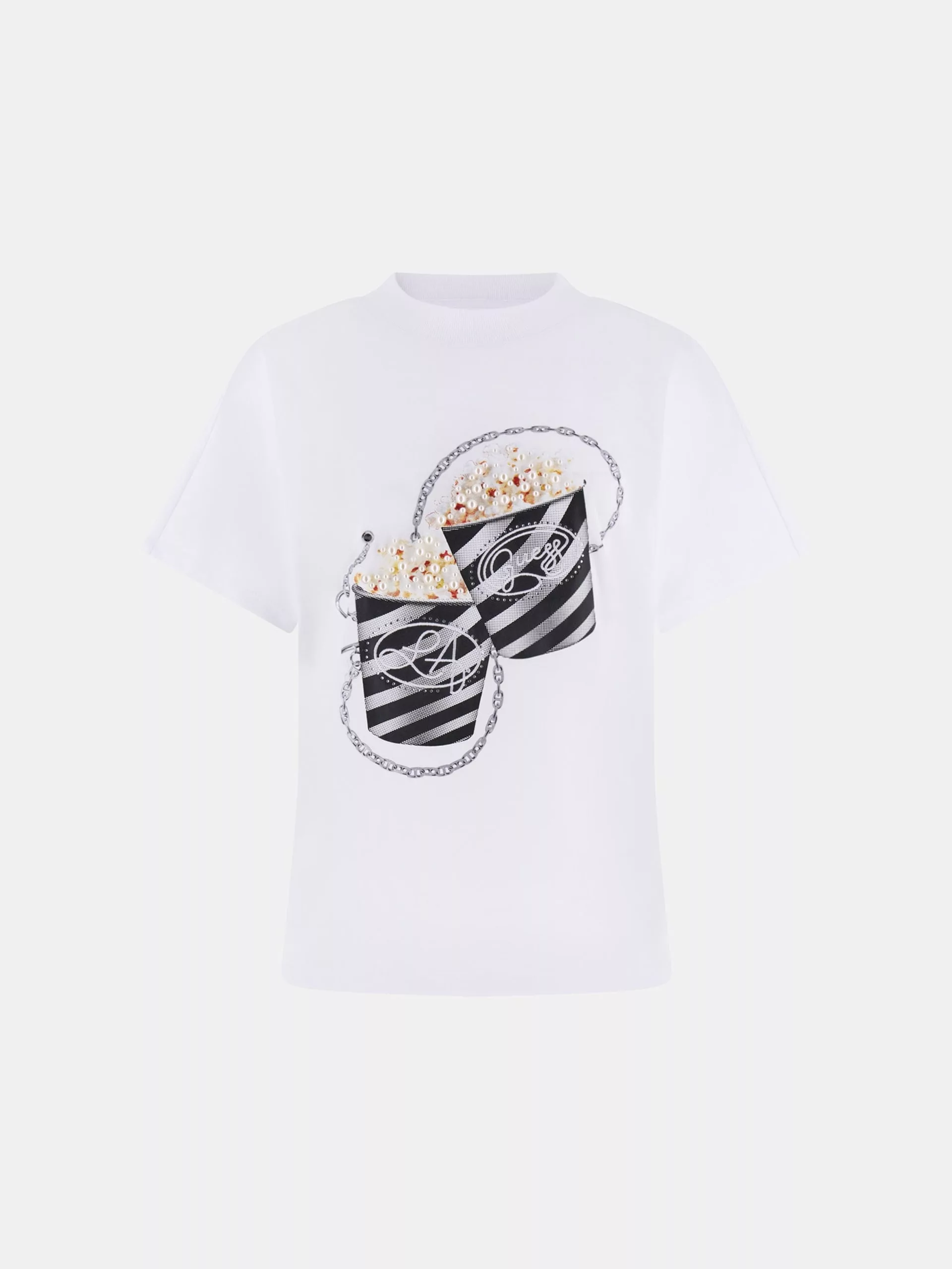 Camiseta GUESS blanca con diseño de palomitas 3D