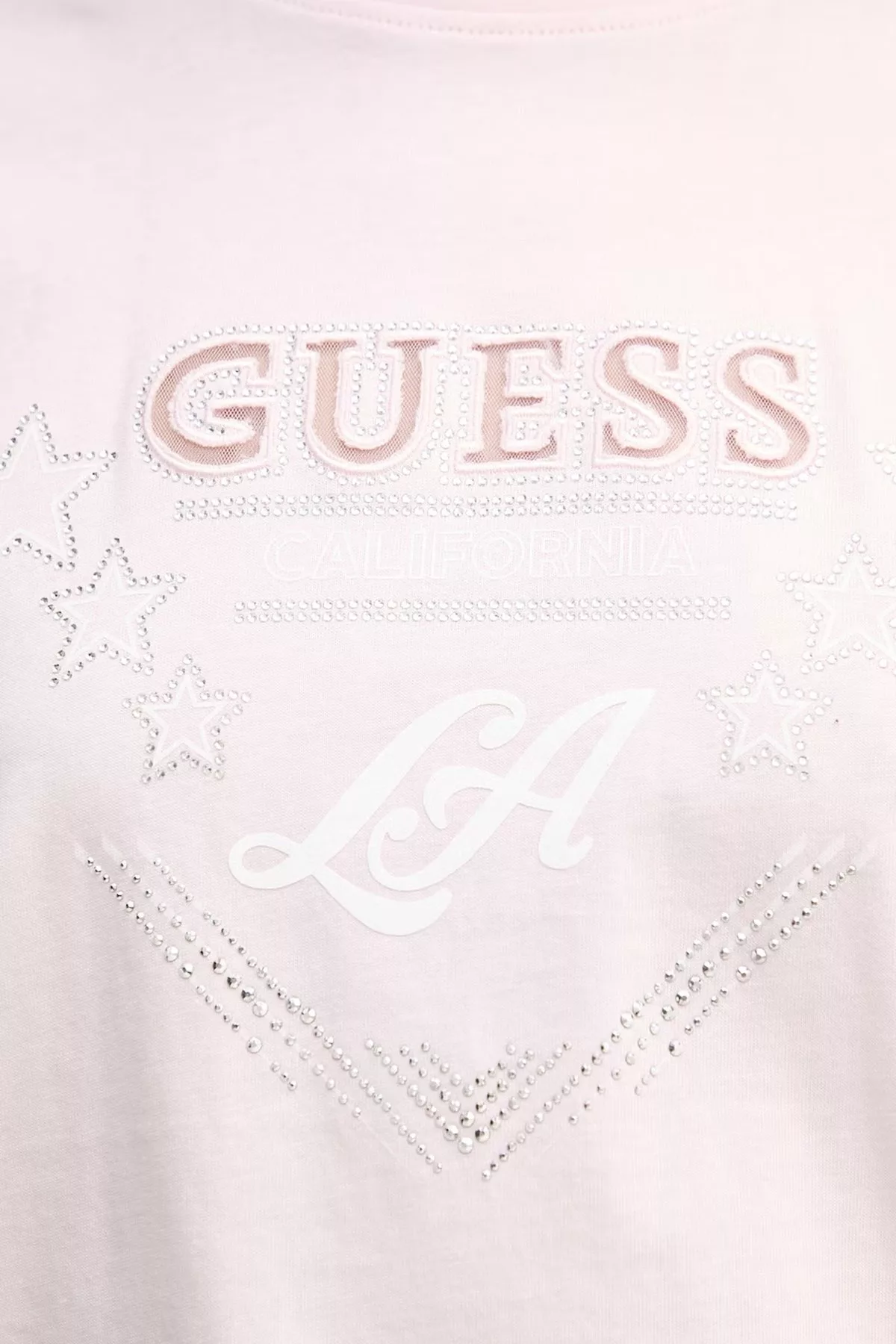 Camiseta rosa claro con strass y logo GUESS
