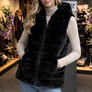 Chaleco negro de pelo sintético con capucha – VirginiaBlu