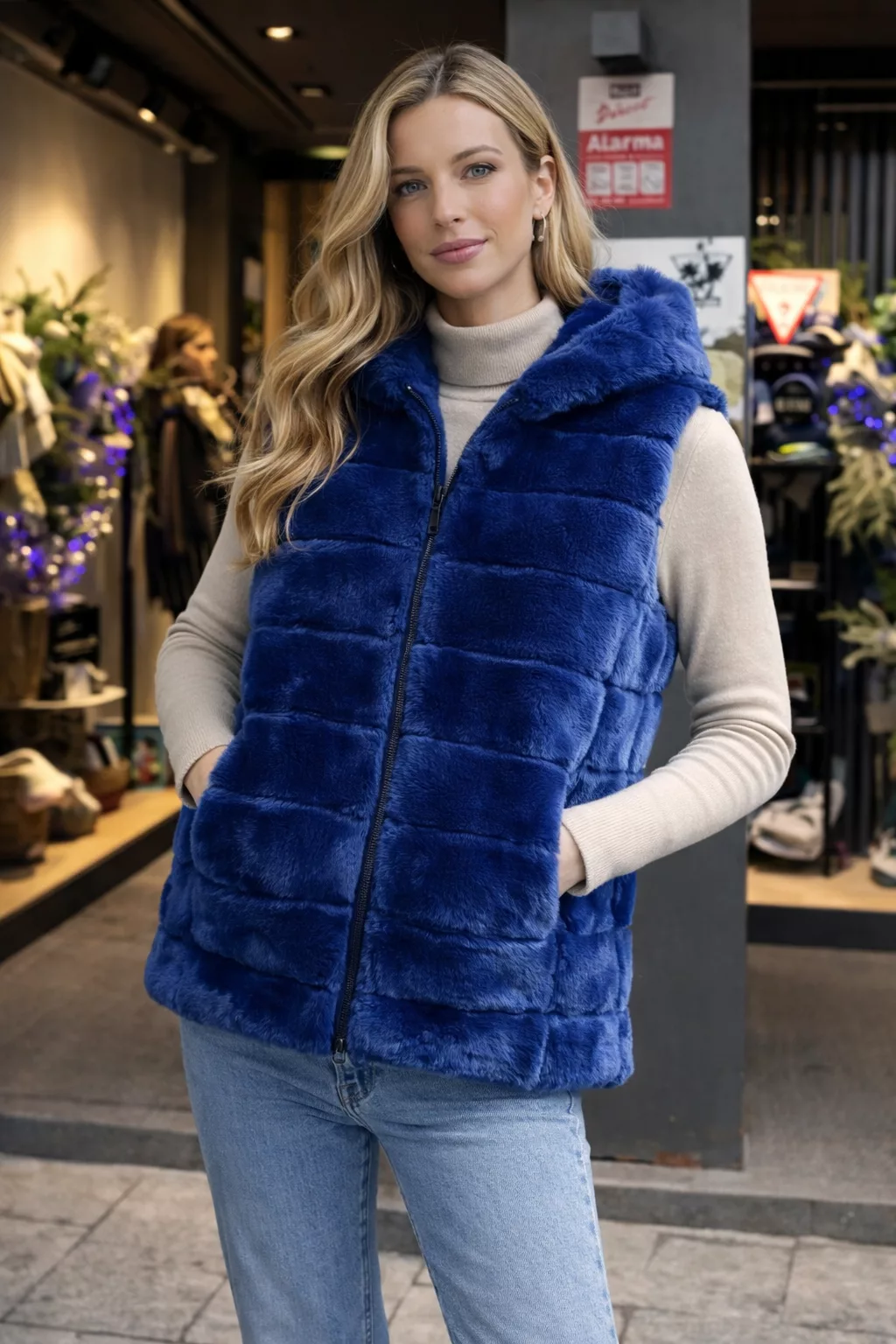 Chaleco azul de pelo sintético con capucha